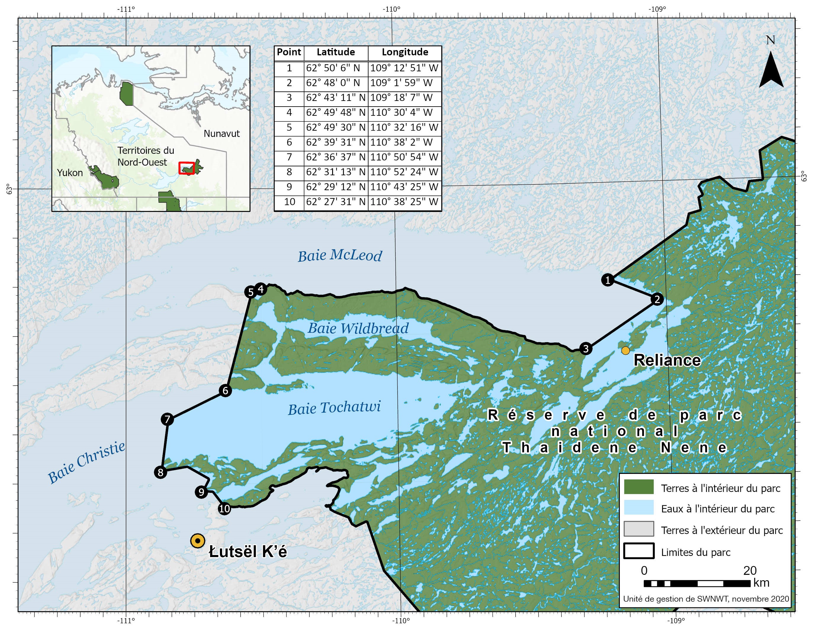 Carte du parc 
                 national du Canada Thaidene Nene avec des points de coordonnées
                 pour indiquer ses limites lorsqu'on y accède par l'eau.