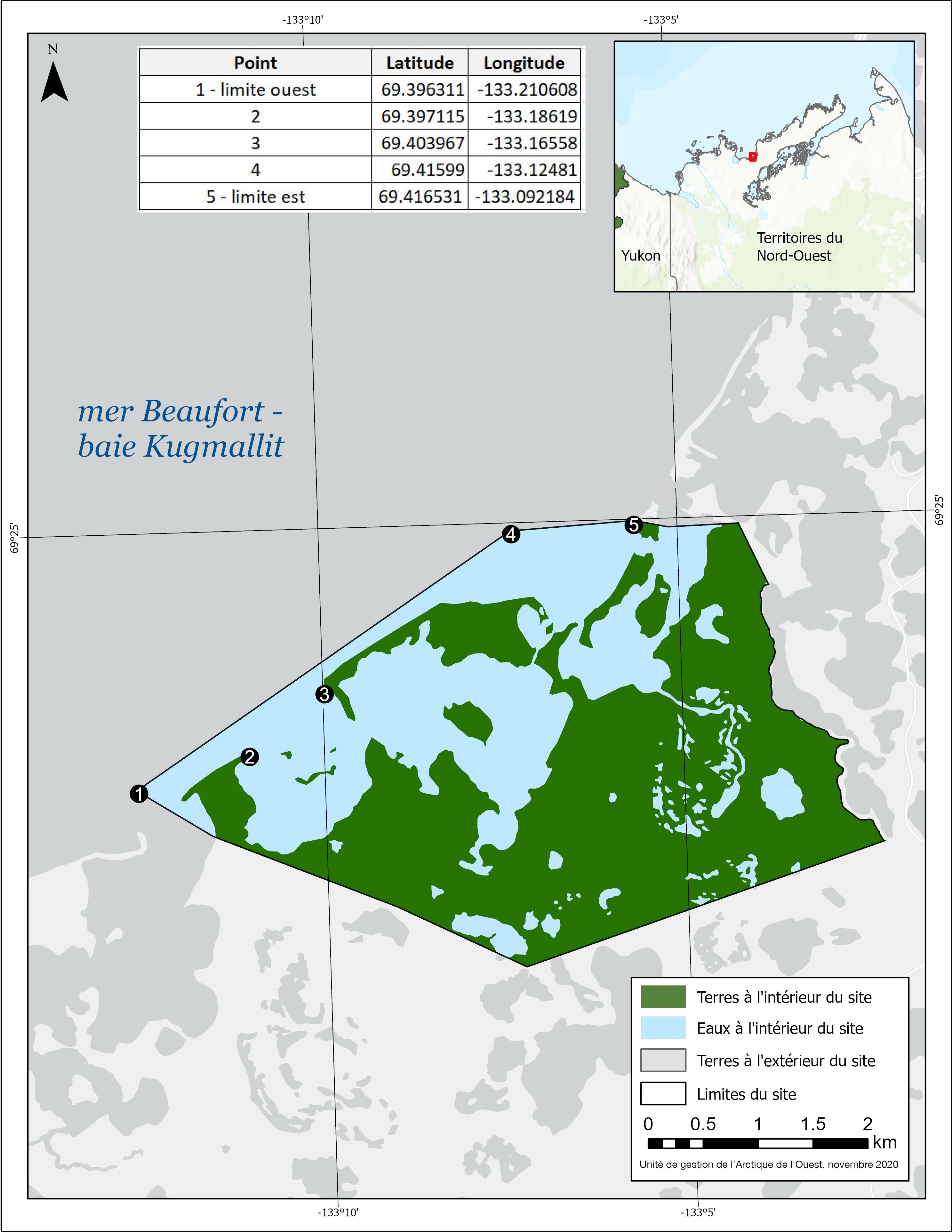 Carte du lieu 
                 historique - Site canadien des pingos avec des points de 
                 coordonnées pour indiquer ses limites lorsqu'on y accède par
                 l'eau.