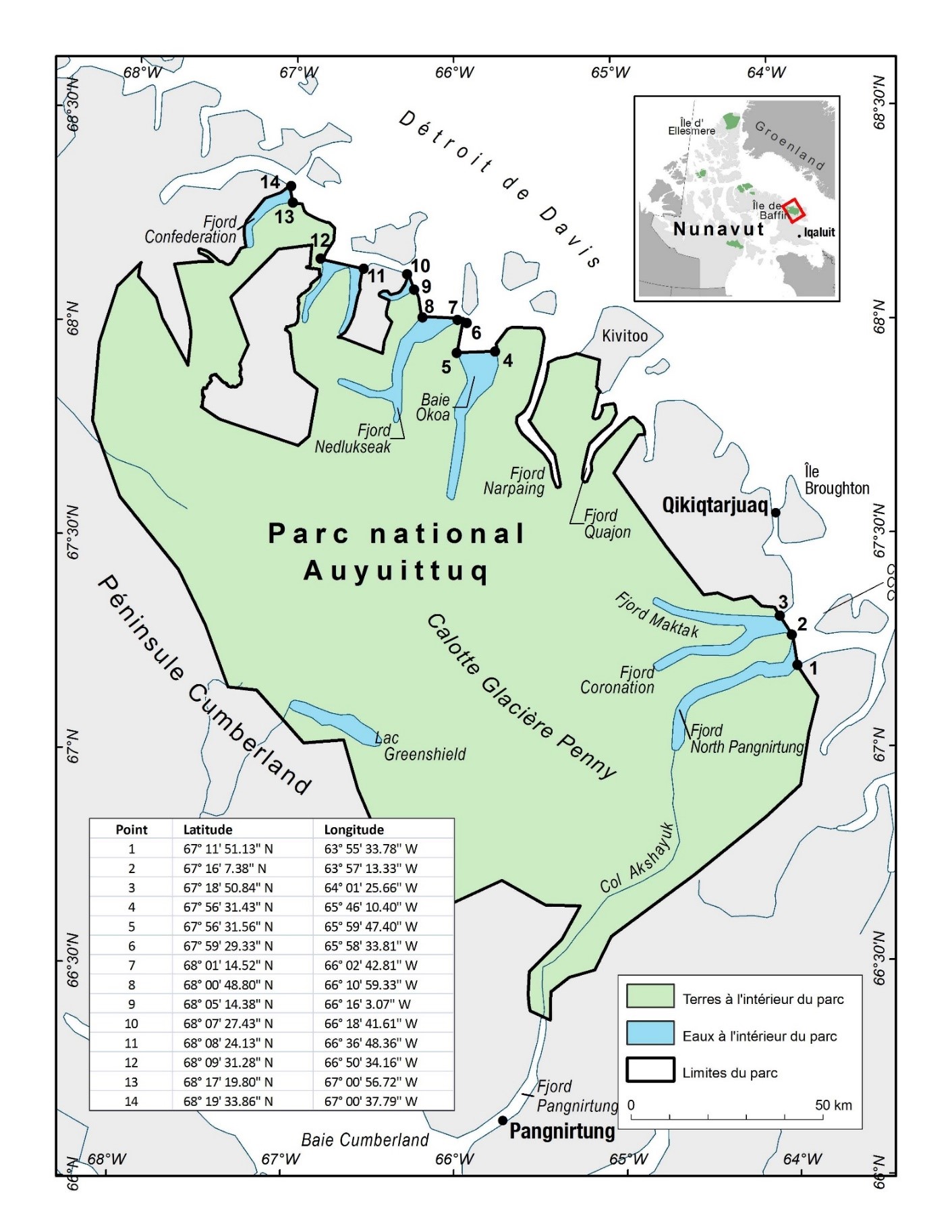 Carte du parc national du Canada Auyuittuq avec des points
                 de coordonnées pour indiquer ses limites lorsqu'on y accède 
                 par l'eau.