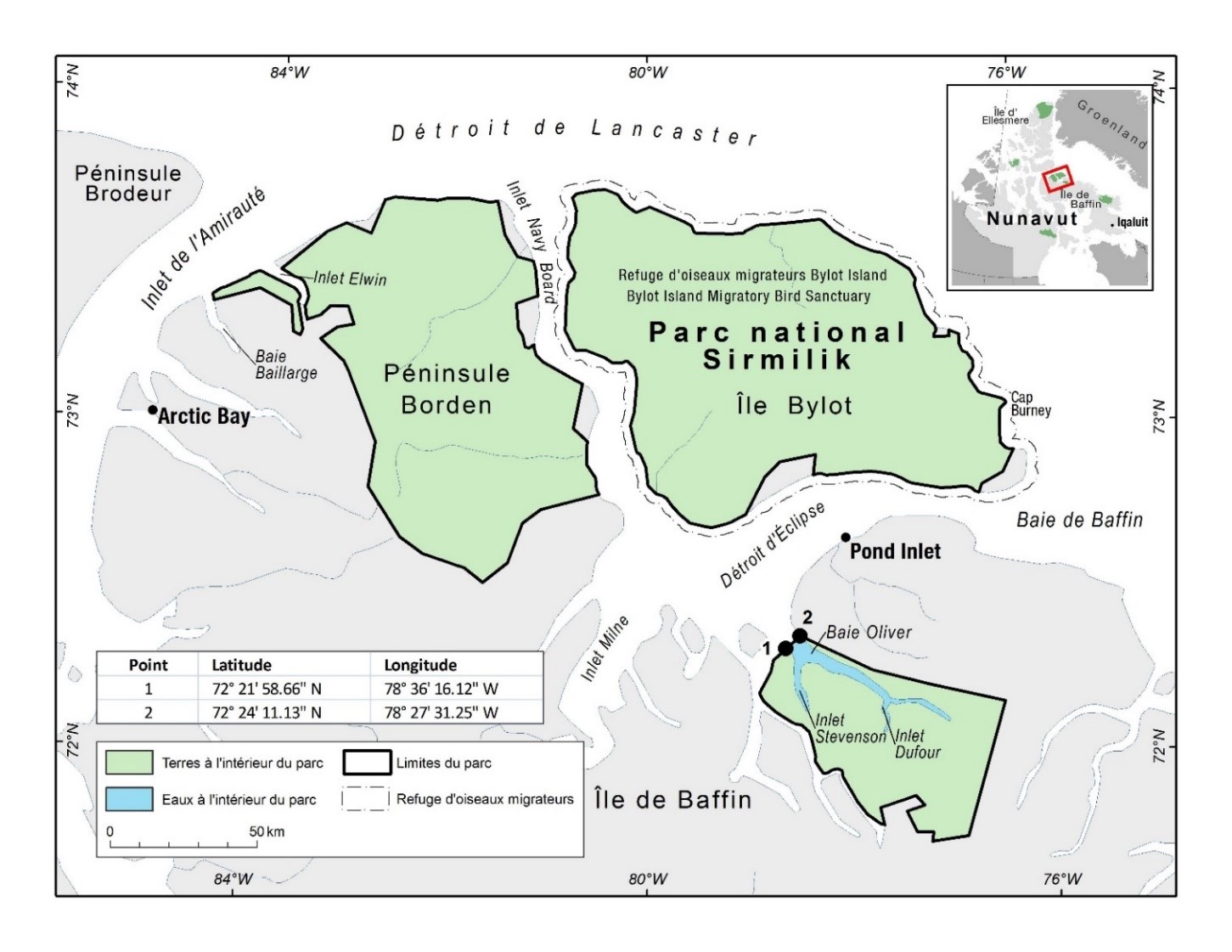Carte du parc national du Canada Sirmilik avec des points
                 de coordonnées pour indiquer ses limites lorsqu'on y accède 
                 par l'eau.