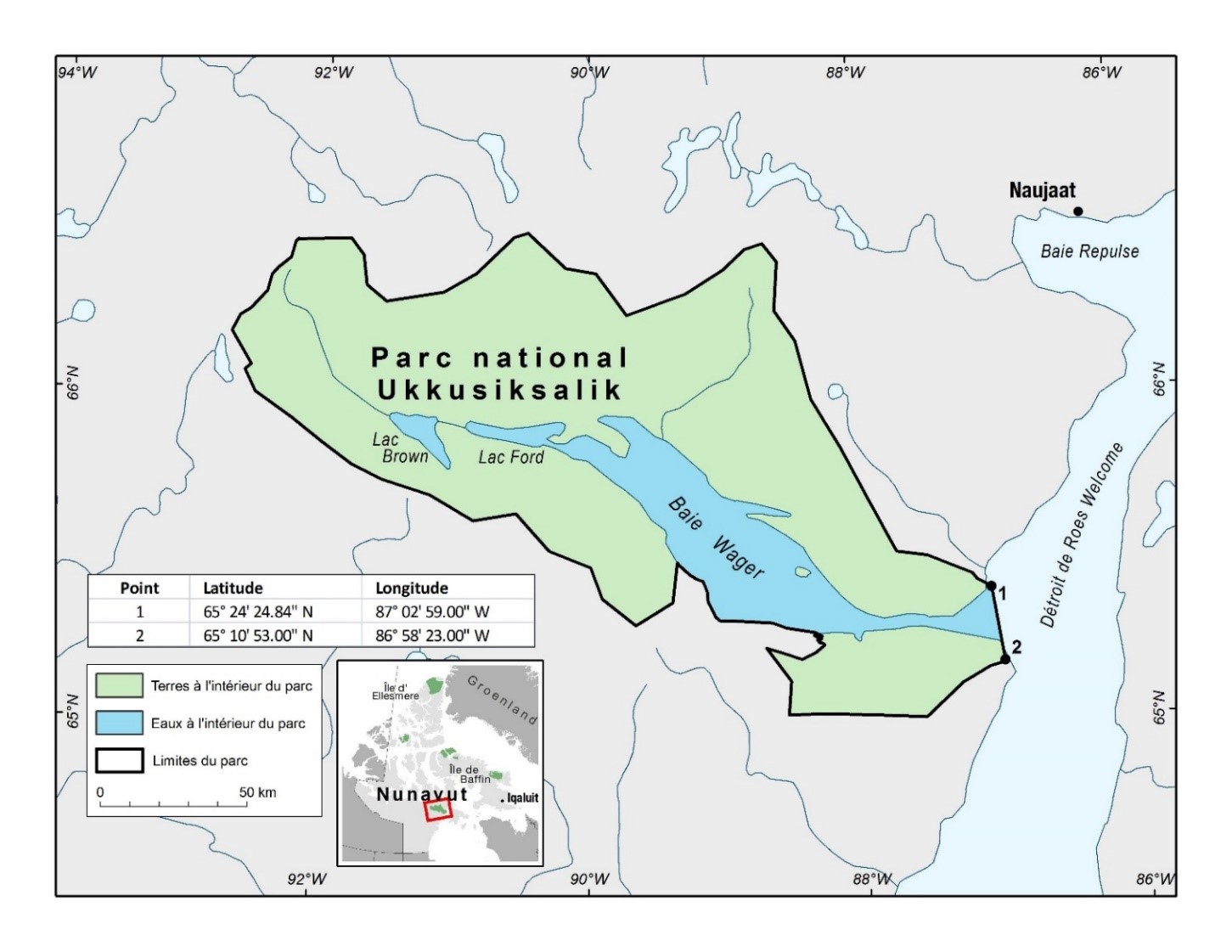 Carte du parc national du Canada Ukkusiksalik avec des 
                 points de coordonnées pour indiquer ses limites lorsqu'on y
                 accède par l'eau.