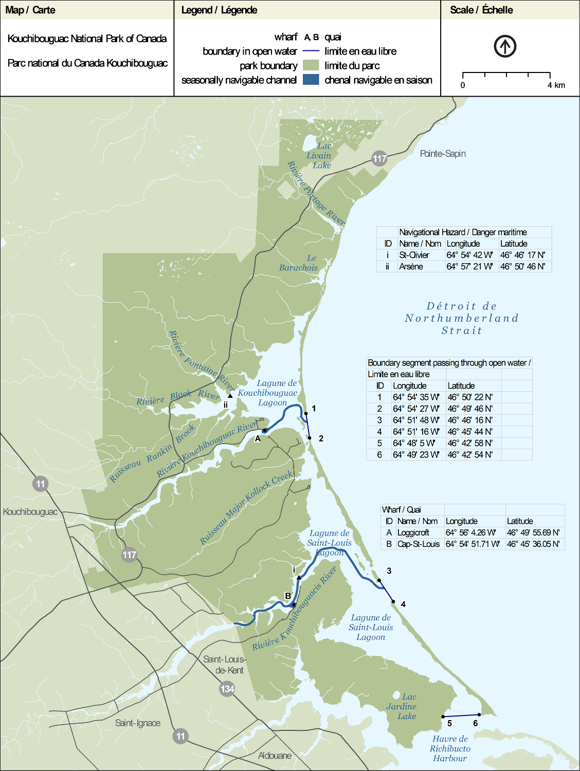 Carte du parc national Kouchibouguac indiquant les quais,
                 les dangers maritimes, les chenaux navigables et les limites en
                 eau libre.