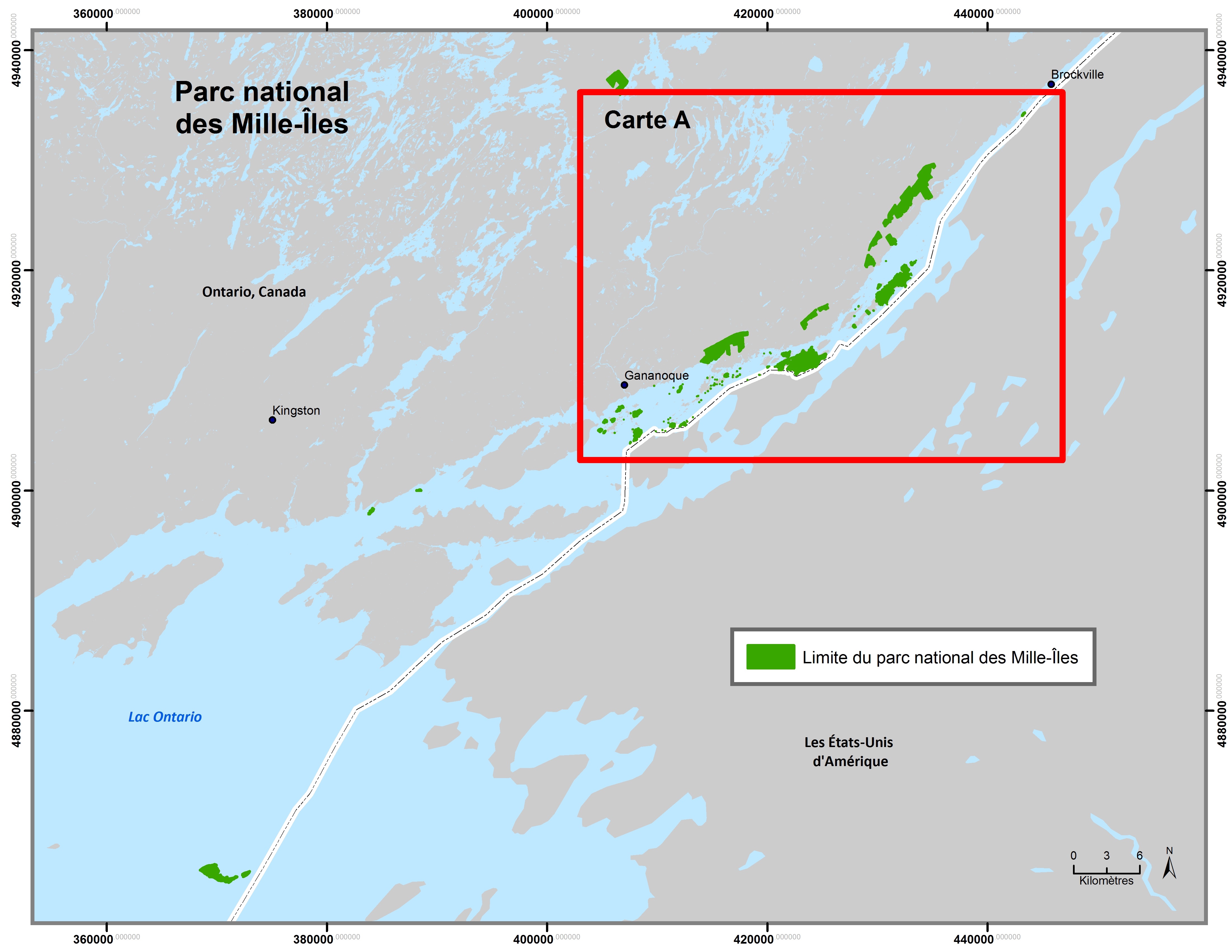Carte du parc national du Canada des Mille-Îles avec des 
                 couleurs indiquant ses limites.