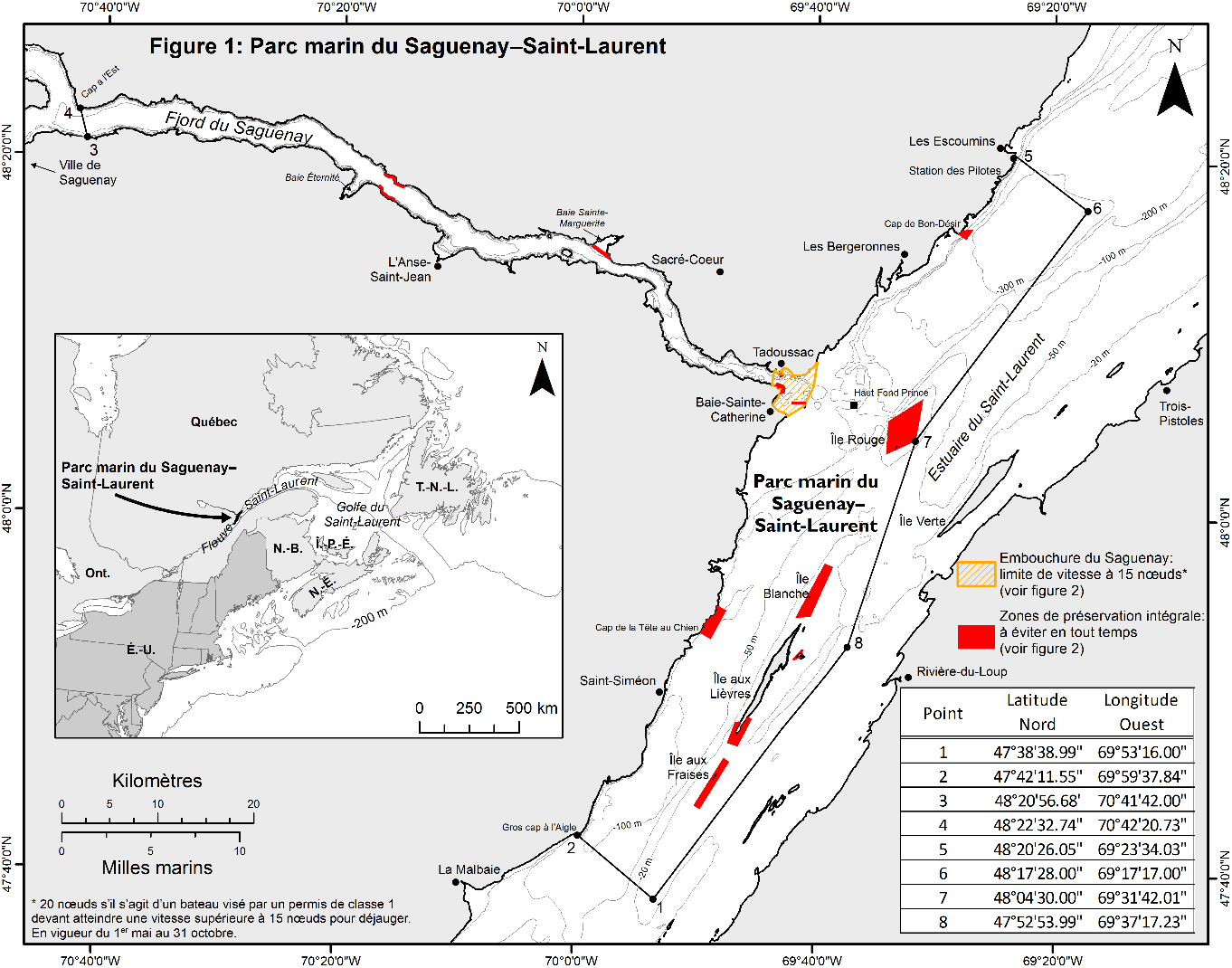 Carte du parc marin Saguenay-Saint-Laurent avec des points
                 de coordonnées pour indiquer ses limites.