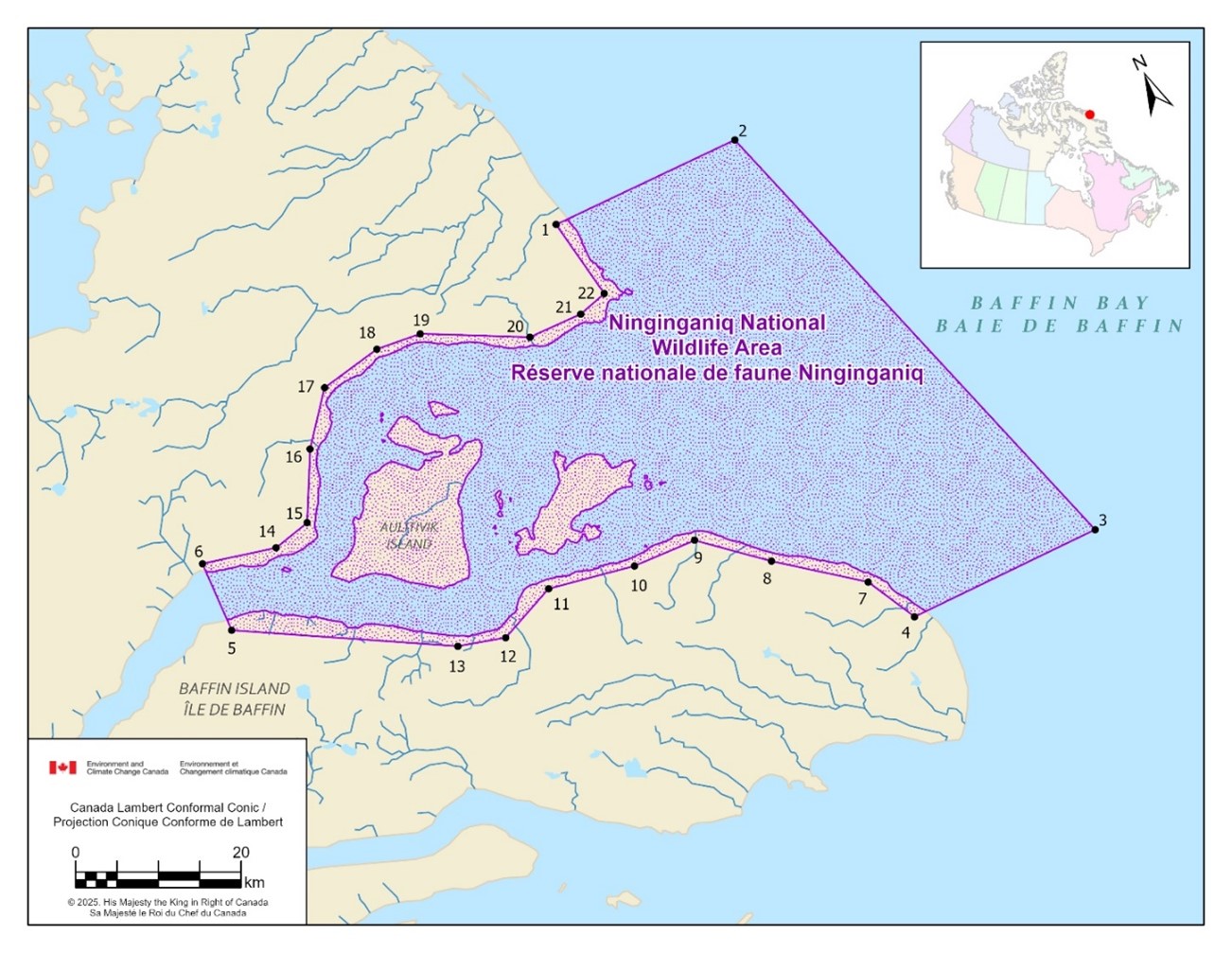 Carte montrant les limites géographiques de la réserve 
                 nationale de faune de Ninginganiq
