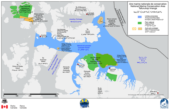Carte de la région du 
                 Kitikmeot indiquant la zone de migration sur la banquise des 
                 caribous en jaune et les zones de voyagement sur la banquise 
                 des membres des communautés en rouge.