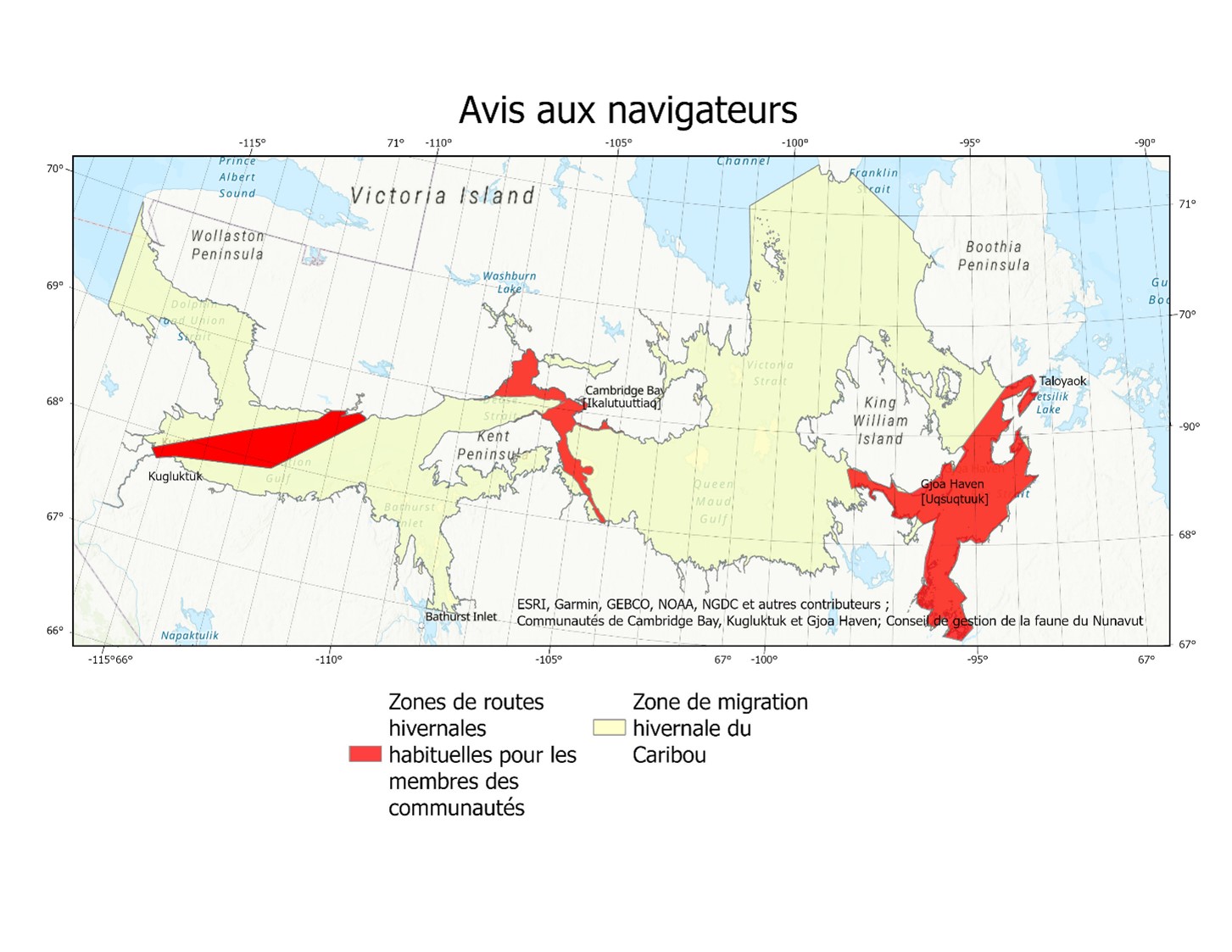 Carte de la région du Kitikmeot indiquant la zone de migration sur la banquise des caribous en jaune et les zones de voyagement sur la banquise des membres des communautés en rouge. 