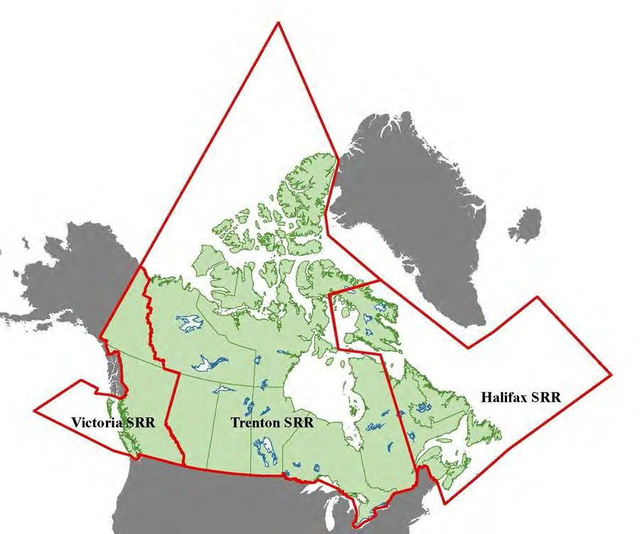 Carte du Canada avec les régions canadiennes de recherche et de sauvetage (SAR) en surbrillance