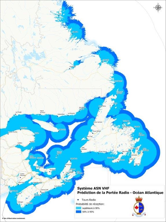 Prédiction de la portée radio - Océan Atlantique. Probabilité de réception supérieure à 90% indiquée en bleu clair, probabilité de réception comprise entre 50% et 90% indiquée en bleu foncé.