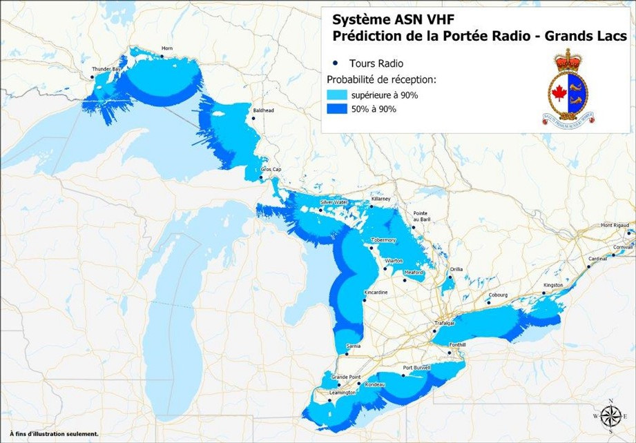 Prédiction de la portée radio -Grands Lacs. Probabilité de réception supérieure à 90% indiquée en bleu clair, probabilité de réception comprise entre 50% et 90% indiquée en bleu foncé.