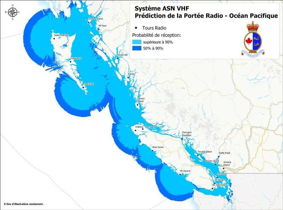 Prédiction de la portée radio -Océan Pacifique. Probabilité de réception supérieure à 90% indiquée en bleu clair, probabilité de réception comprise entre 50% et 90% indiquée en bleu foncé.