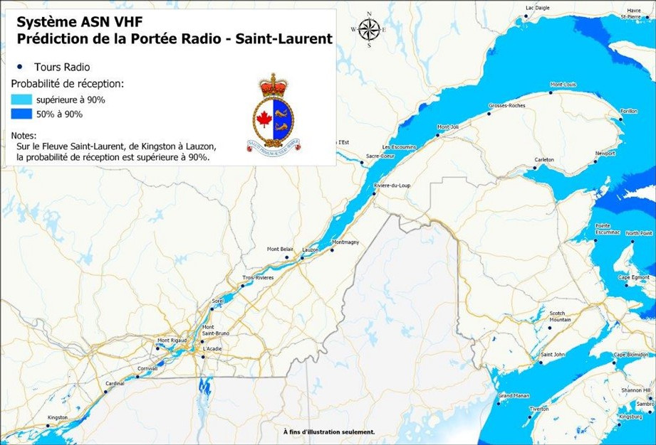 Prédiction de la portée radio - Saint-Laurent. Probabilité de réception supérieure à 90% indiquée en bleu clair, probabilité de réception comprise entre 50% et 90% indiquée en bleu foncé.