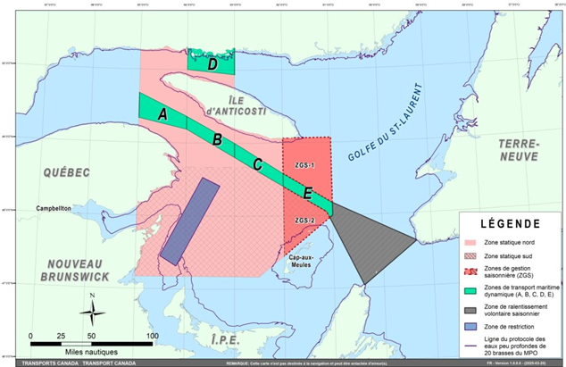 Carte du golfe du Saint-Laurent montrant les zones de gestion du trafic maritime de Transports Canada pour la protection de la baleine noire de l'Atlantique Nord.
